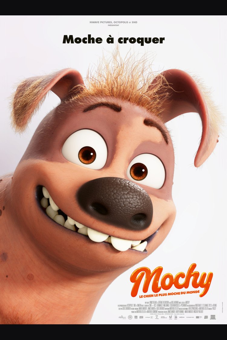 Affiche du film d’animation Mochy, avec un chien rose aux grandes dents qui sourit, projeté gratuitement aux Greniers du Roy le dimanche 15 novembre à 15h.
