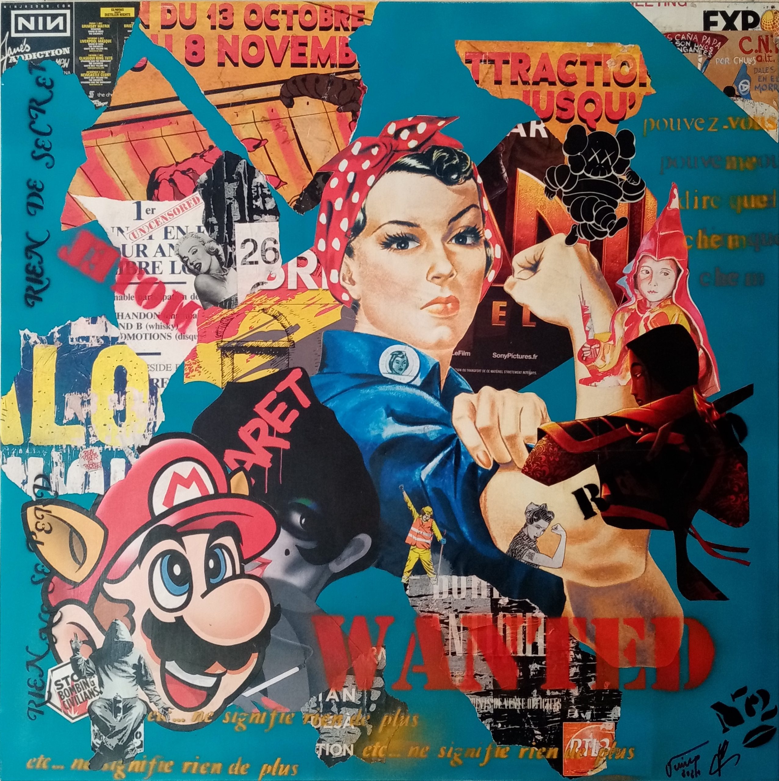 Collage pop art coloré avec Rosie la riveteuse, Mario et des affiches détournées
