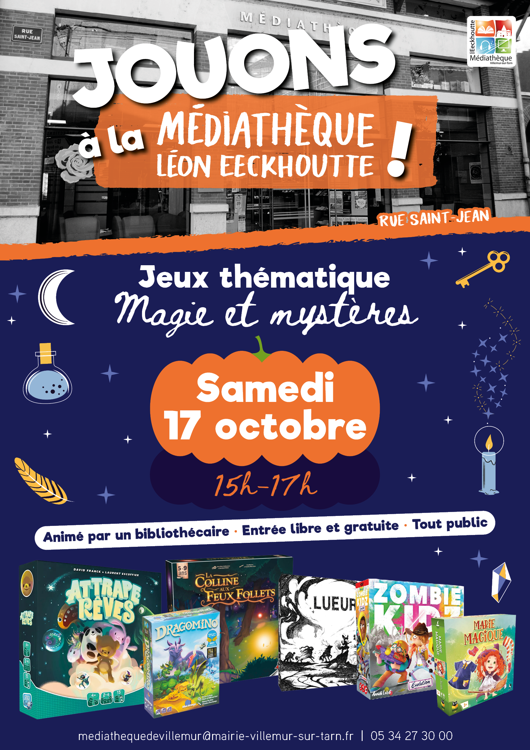 Affiche de l'après-midi jeux « Magie et mystères » à la Médiathèque Léon Eeckhoutte, samedi 17 octobre de 15h à 17h. Gratuit, tout public.