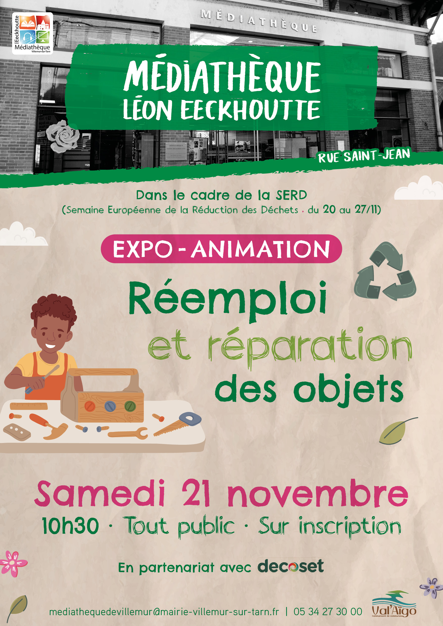 Affiche de l’expo-animation Réemploi et réparation des objets à la médiathèque de Villemur-sur-Tarn, dans le cadre de la SERD, samedi 21 novembre à 10h30, tout public sur inscription.