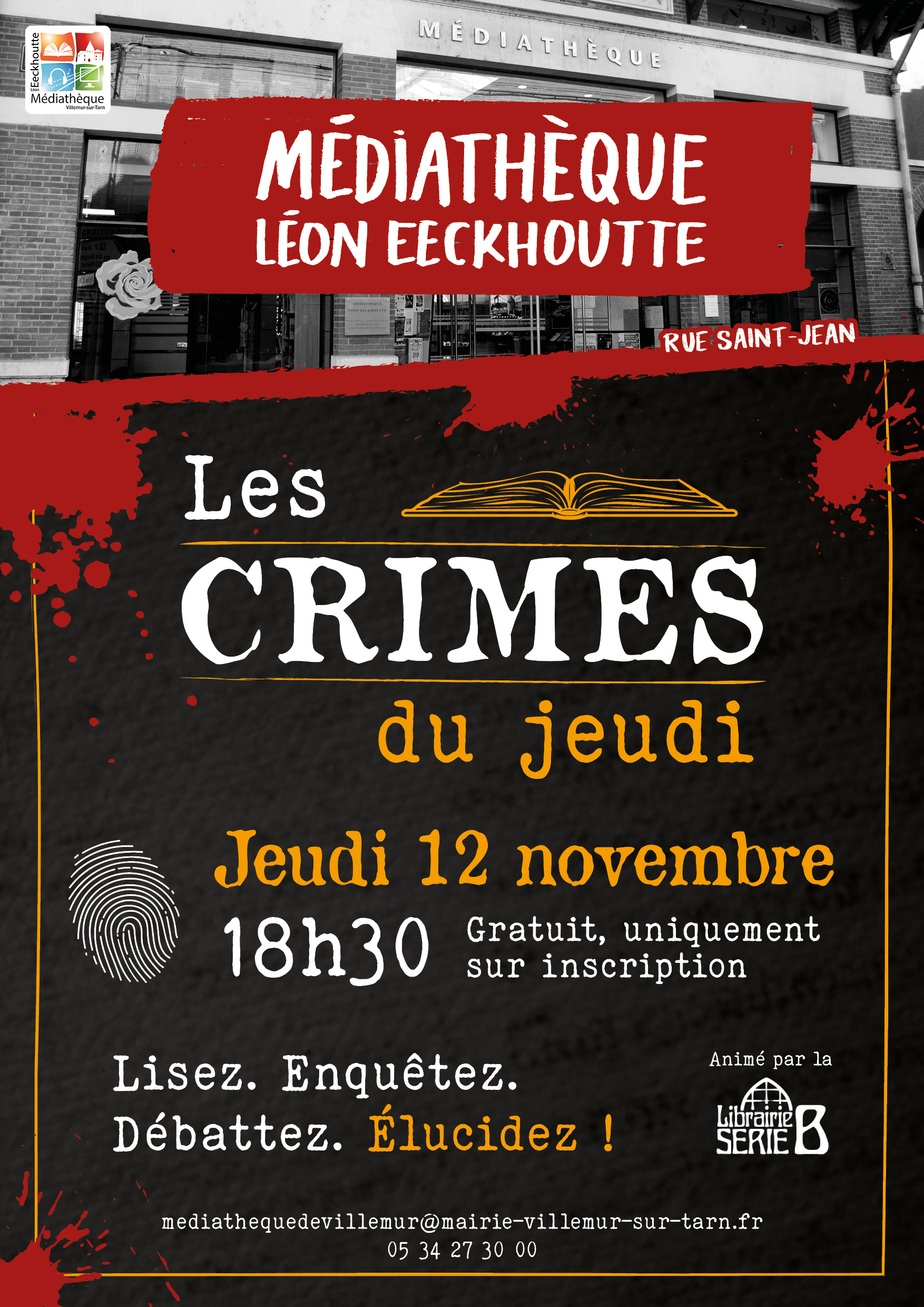 Affiche des Crimes du jeudi à la médiathèque de Villemur-sur-Tarn, jeudi 12 novembre à 18h30, gratuit sur inscription, animé par la Librairie Série B.