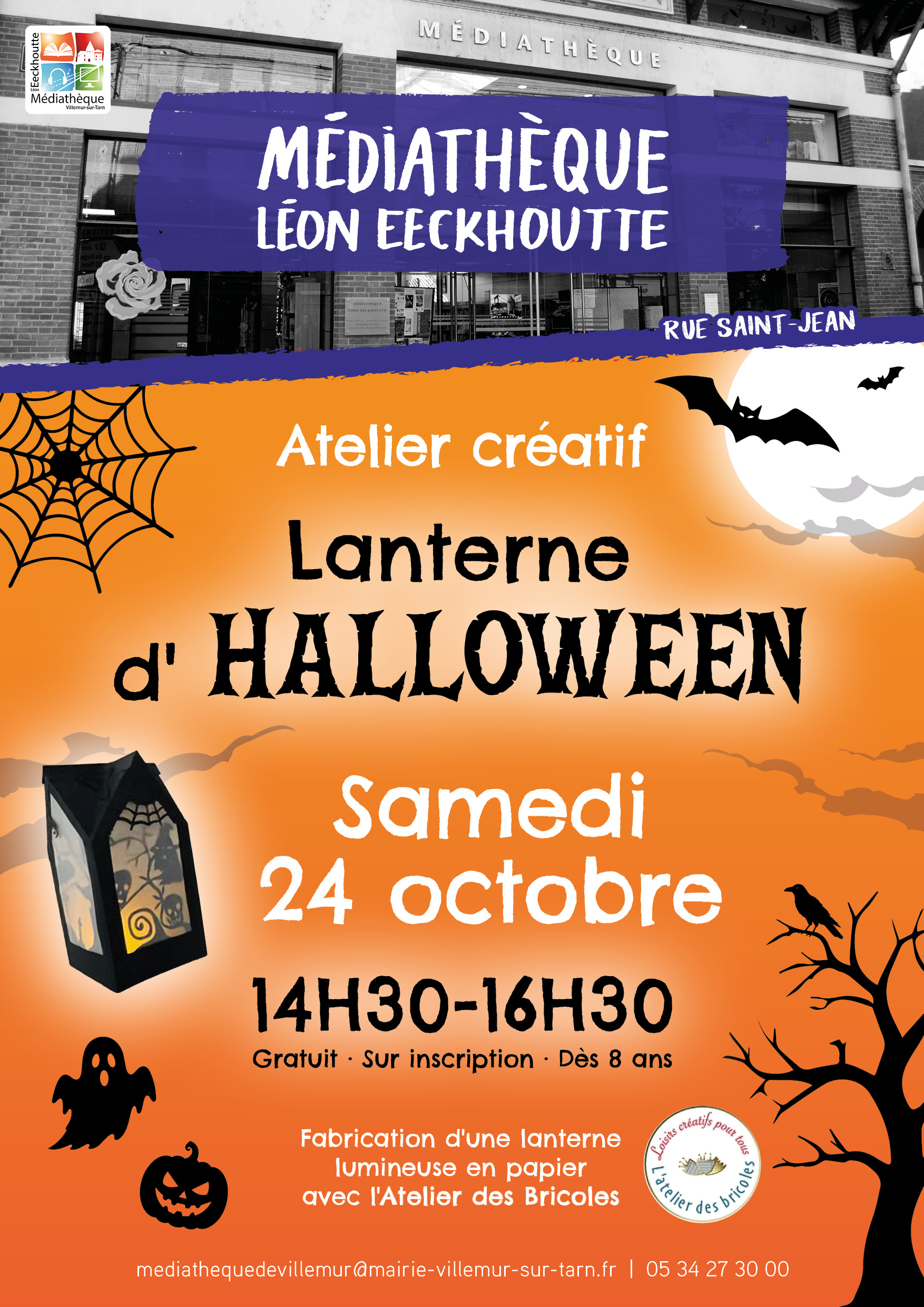 Affiche de l'atelier créatif Lanterne d'Halloween à la Médiathèque Léon Eeckhoutte, samedi 24 octobre de 14h30 à 16h30. Dès 8 ans, gratuit, sur inscription.