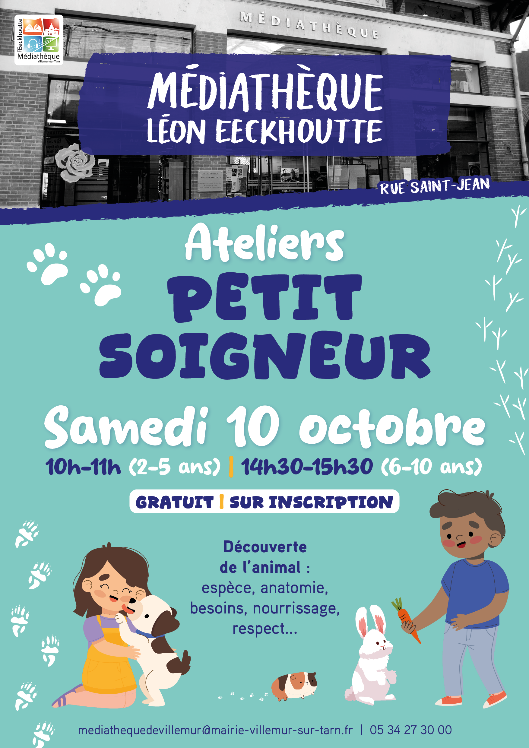 Affiche des ateliers Petit soigneur à la Médiathèque Léon Eeckhoutte, samedi 10 octobre. 10h pour les 2-5 ans, 14h30 pour les 6-10 ans. Gratuit, sur inscription.