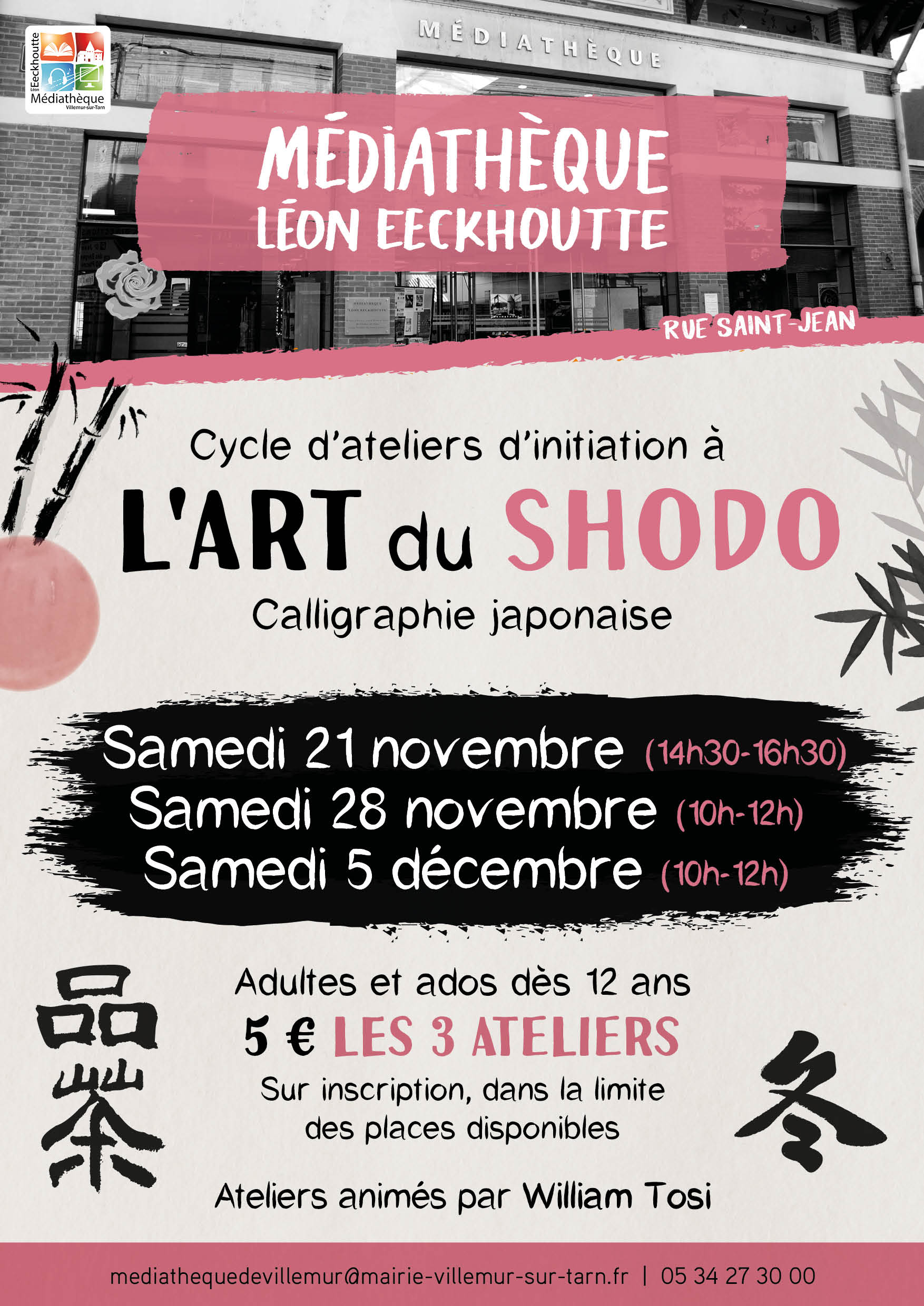 Affiche des ateliers shodo à la médiathèque de Villemur-sur-Tarn, les 21 et 28 novembre et le 5 décembre.