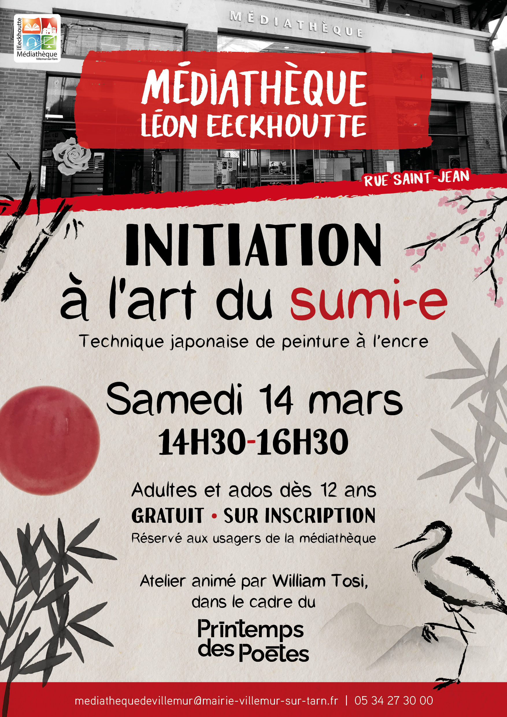 Affiche de l'atelier de sumi-e le samedi 14 mars à Villemur-sur-Tarn