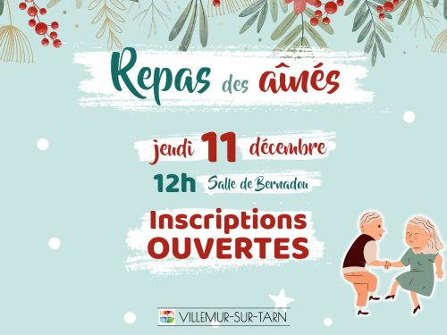 Affiche du repas des aînés de Villemur-sur-Tarn. Inscriptions ouvertes pour le repas du jeudi 11 décembre à 12h, salle de Bernadou. Illustration d’un couple de seniors qui danse, décor hivernal avec feuillages et baies rouges.