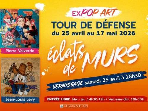 Affiche colorée de l’exposition Éclats de Murs avec œuvres pop art de Valverde et Levy