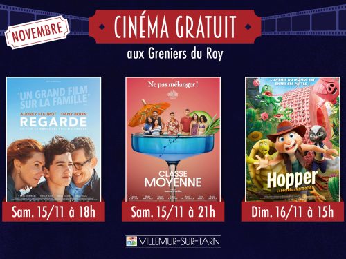 Affiche de la programmation du cinéma gratuit de novembre à Villemur-sur-Tarn, avec les films “Regarde”, “Classe Moyenne” et “Hopper et le secret de la marmotte”, projetés aux Greniers du Roy.