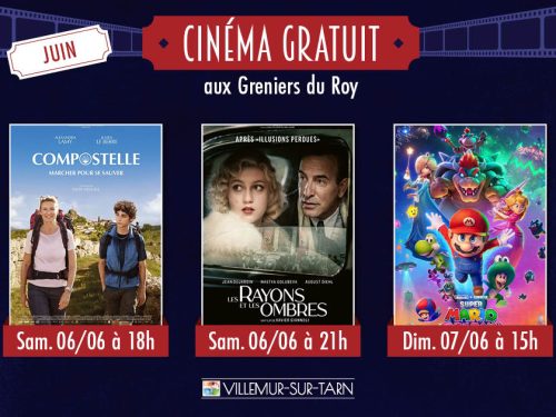 Visuel promotionnel de la programmation cinéma gratuite du mois de juin aux Greniers du Roy à Villemur-sur-Tarn, présentant les affiches des films Compostelle, Les Rayons et les Ombres et Super Mario Galaxy : Le Film avec les dates et horaires des projections.