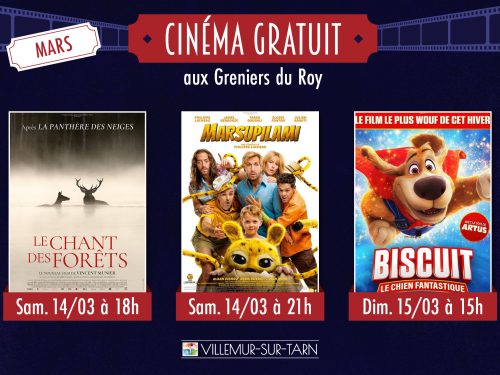 Affiches des 3 films : le chant des fôrets, marsupilami, biscuit.