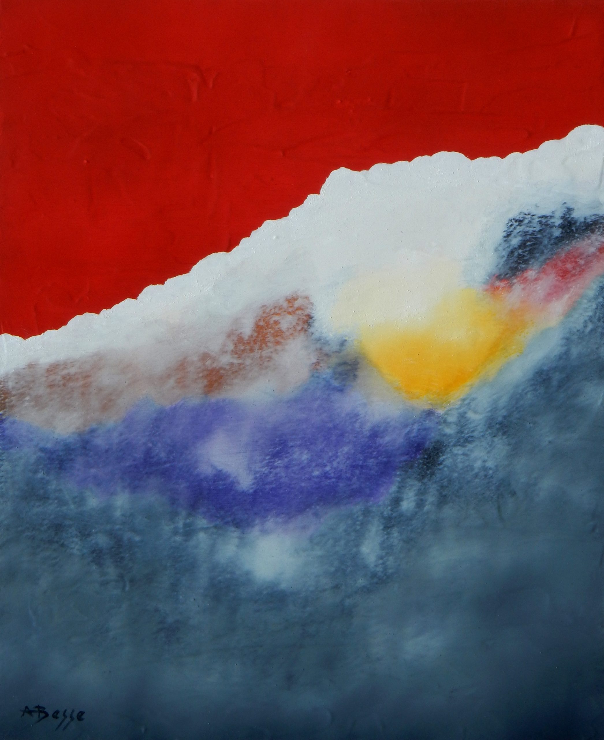 Peinture abstraite aux tons rouge, bleu, blanc et jaune, évoquant un paysage onirique et lumineux.