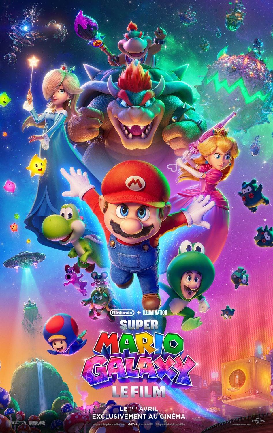 Affiche colorée du film d’animation Super Mario Galaxy – Le Film représentant Mario, Luigi, Peach, Bowser et plusieurs personnages de l’univers Nintendo dans un décor spatial.