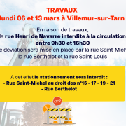TRAVAUX lundi 06 et 13 mars – stationnement interdit rue Saint Michel & rue Berthelot