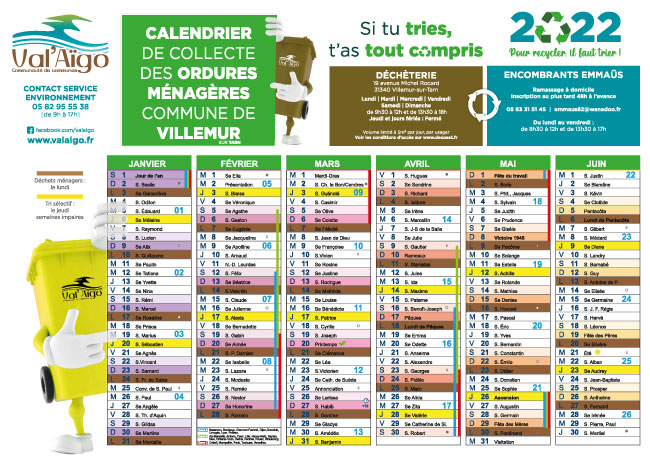Calendrier de collecte des ordures ménagères 2022